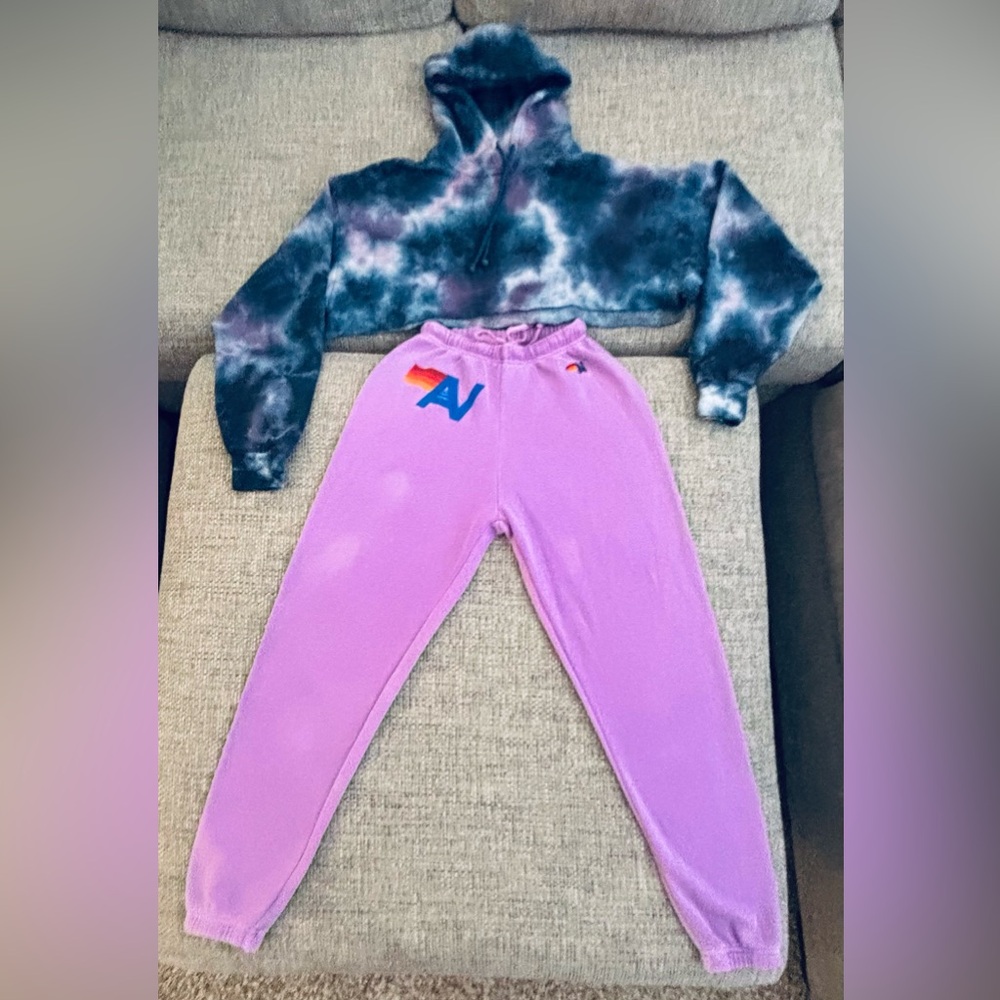 Aviator Nation Tie Dye Cropped Hoodie & Neon Purple Logo Sweatpants Set Size XS